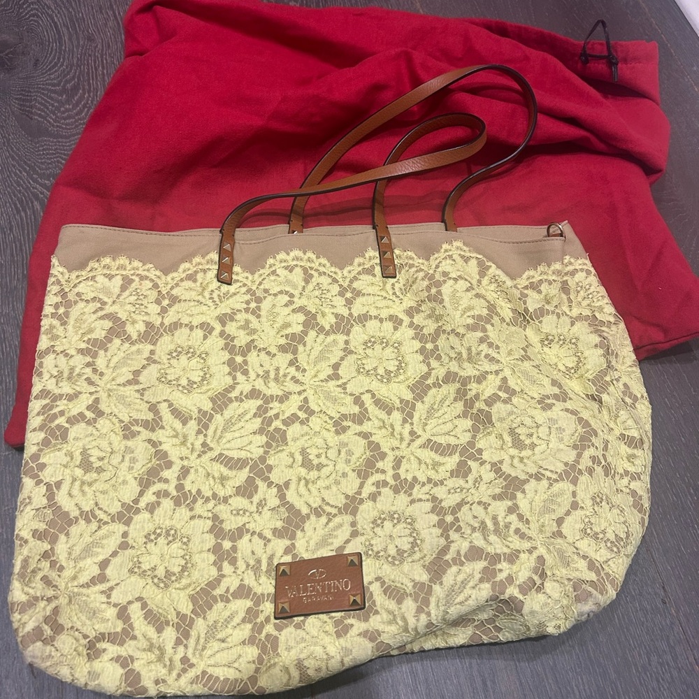 Valentino Cream and Brown Floral Tote Bag with Leather Accents